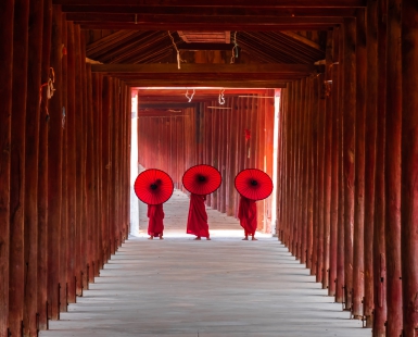 Novices monk walking in ancient temple